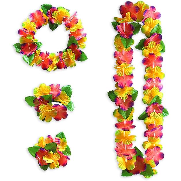 4 Pieces Hawaiian Leis Set Green Red Luau Leis Hawaiian Flowers Leaves Wreath Garland Tropical Floral Accessories for Hawaiian Luau Party Wedding