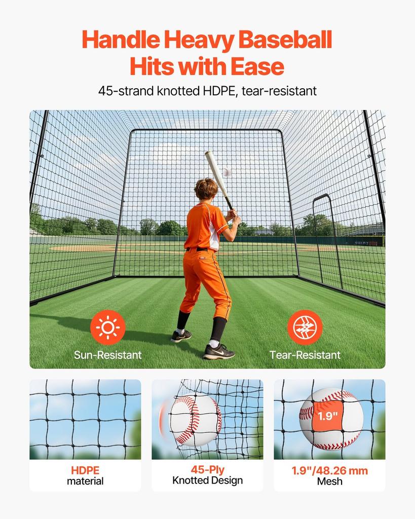 Baseball Batting Cage, 12000 X 3680 X 3100mm Freestanding Portable Batting Cage, Hitting Cages with 45-Ply Knotted HDPE & Long Positioning Ropes,