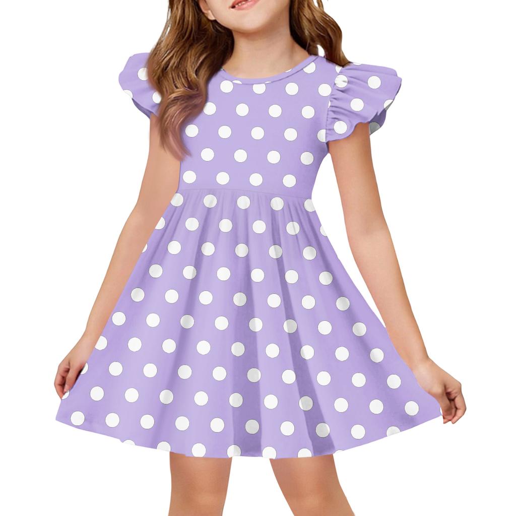 Girls Short Sleeve Ruffle Polka Dot Dress Soft Cotton Crewneck Casual A Line Dress for Kids Summer Outfits