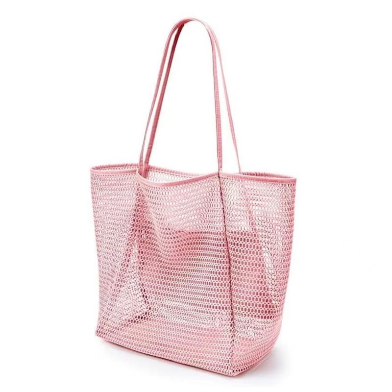 1pcs Mesh Beach Bag  Women's Shoulder Tote Bag  Large Capacity Foldable Mesh Swim Bag with Pocket Bag
