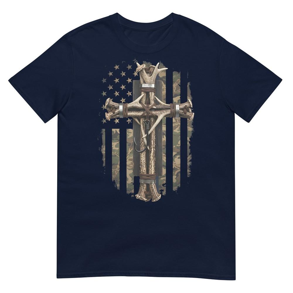 Camouflage Cross Deer Horn Fish Hook Hunting Christian Bible Tshirt S