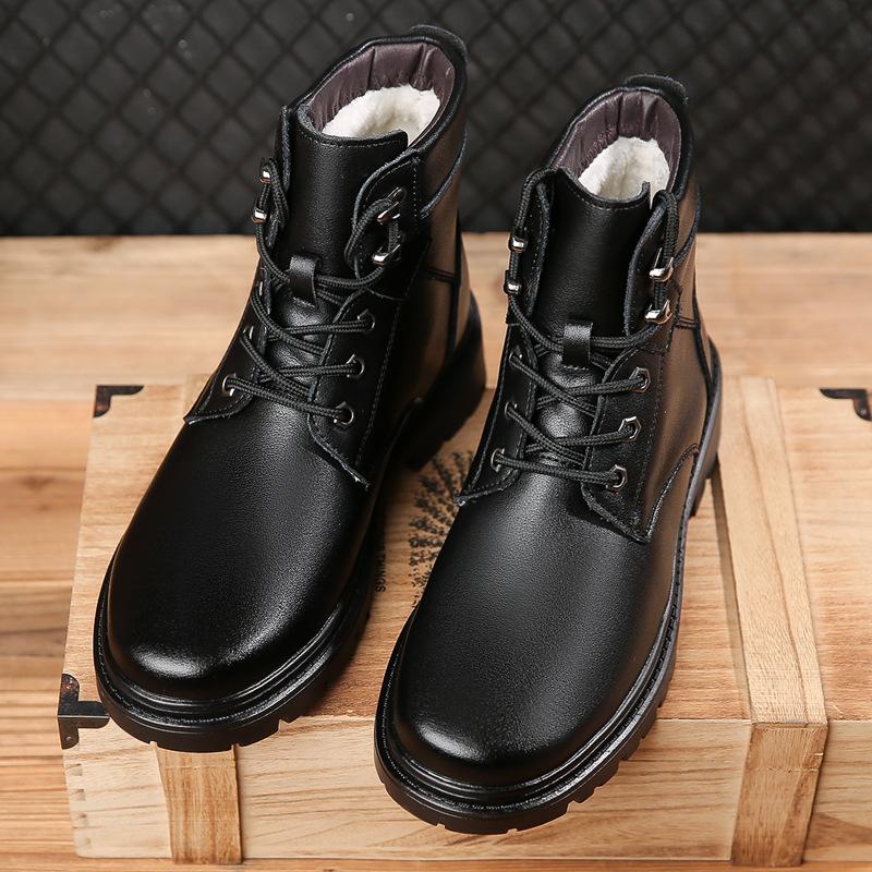 2025 Winter New Men's Lace-up Martin Boots Men's Velvet Warm Cotton Leather Boots Large Cotton Shoes Non-slip and Wear-resistant 575