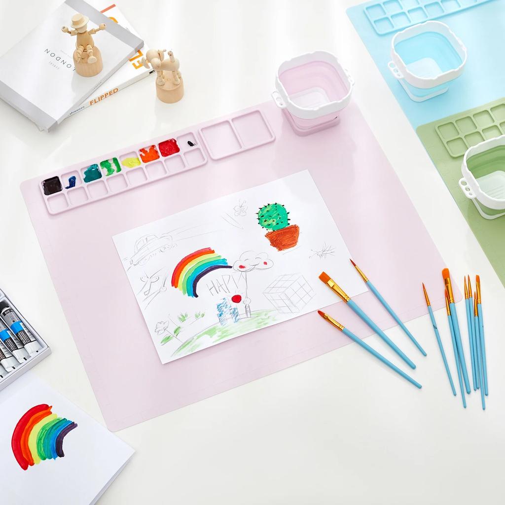 Tappetino da disegno in silicone riutilizzabile con ventosa per bambini, popolare per bambini, con tappetino da pittura in silicone per arte e tazza