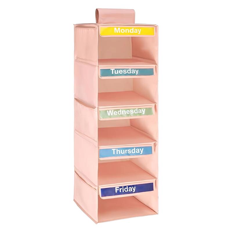 

Good-Weekly Clothes Organizer With 5-Shelf Design 5 Side Pockets Hanging Closet Storage Shelves With Day Labels D рожевий