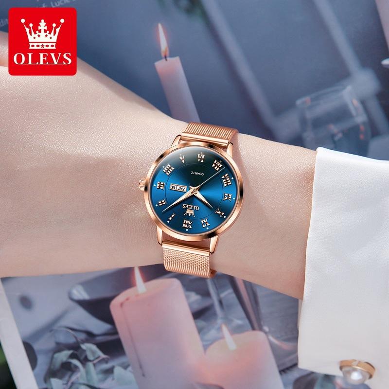OLEVS Wasserdichte Quarzuhr für Frauen mit Doppelkalender, Milanese-Stahlarmband, Damen-Handuhr, luxuriöse Original-Kleideruhren