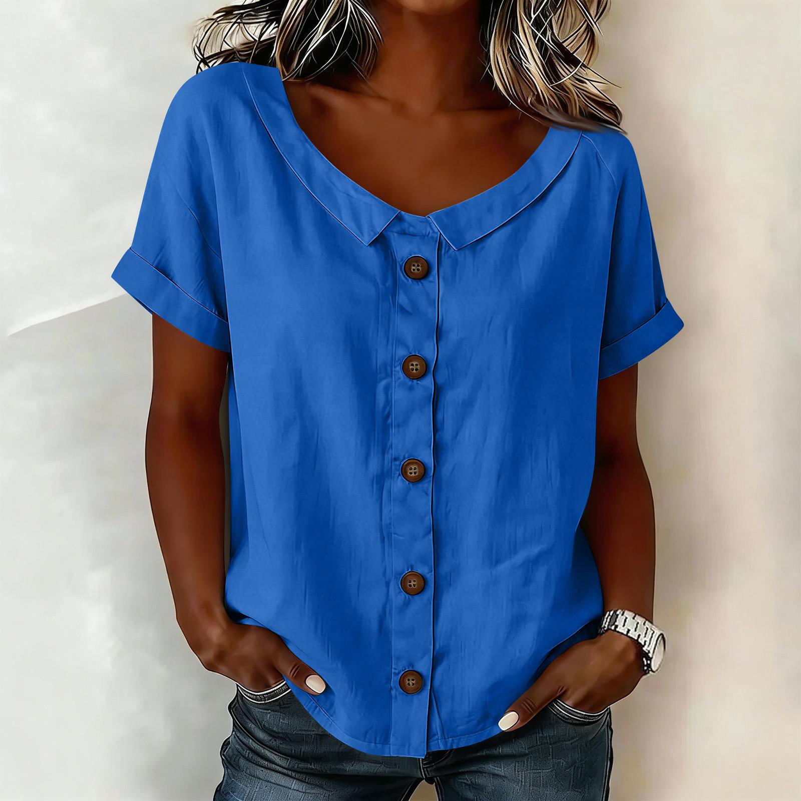 

Women s Short-Sleeve Top: Cotton-Linen Blend, V-Neck, Loose Fit L синий