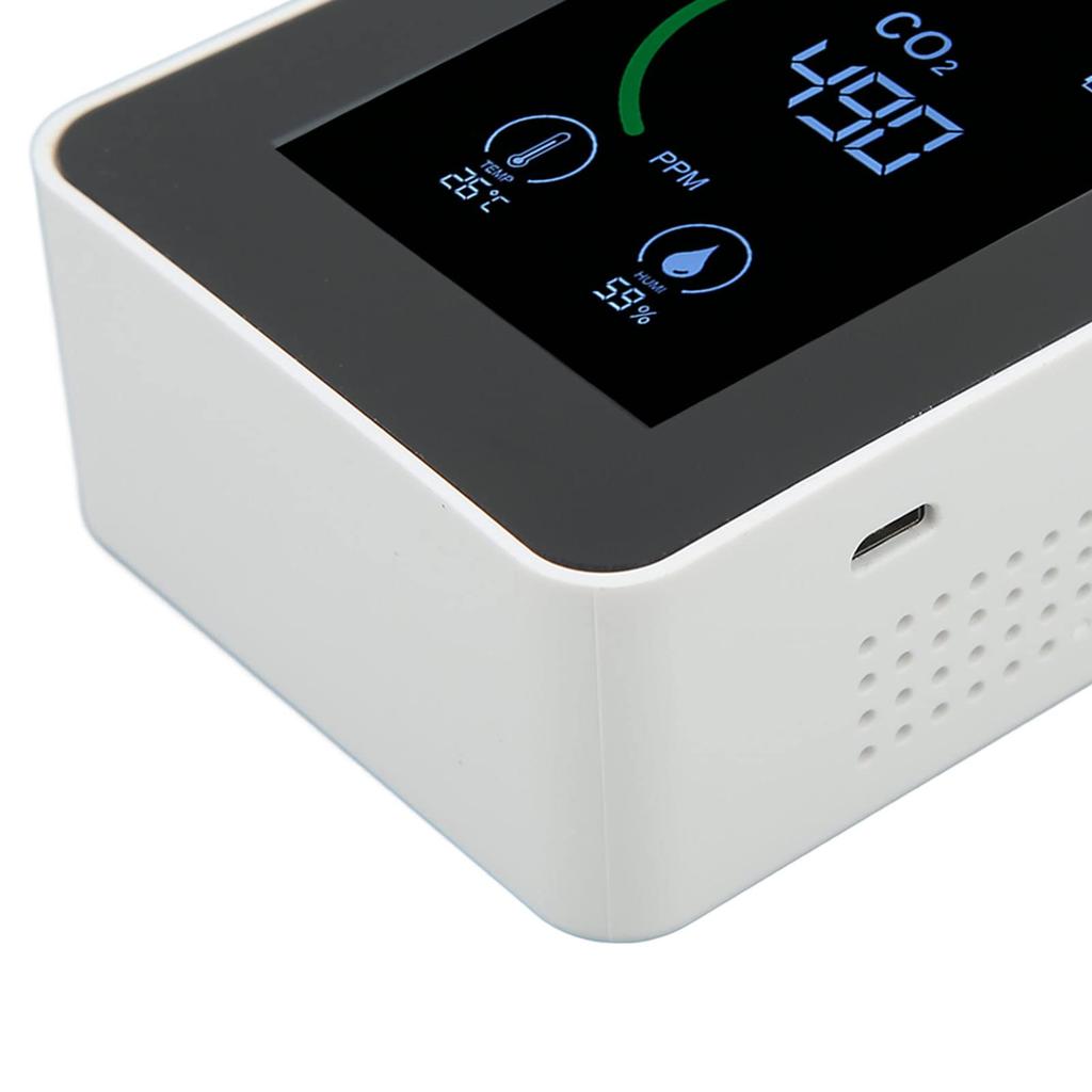 Měřič CO2 s teplotou a vlhkostí Velký ventilovaný USB pro použití Vysoce přesná detekce, 3v1 obrazovka, Stabilní, Design, Nabíjení,