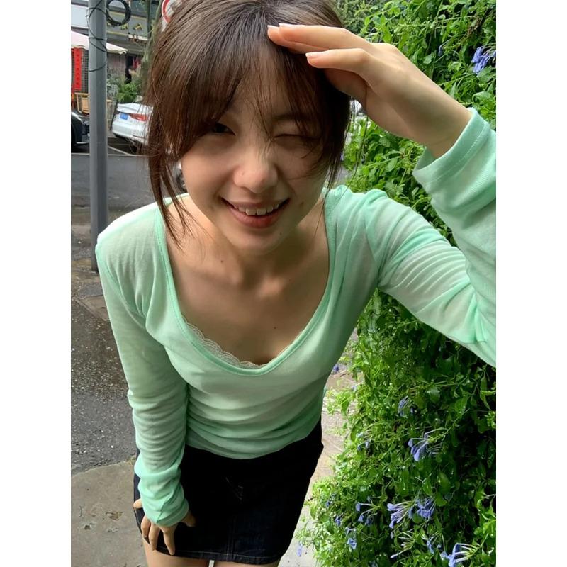 KOSY Harajuku Green T-shirt Women V Neck Solid Tee Tops Y2k Vintage Tops Streetwear Japanese See Through Tshirts