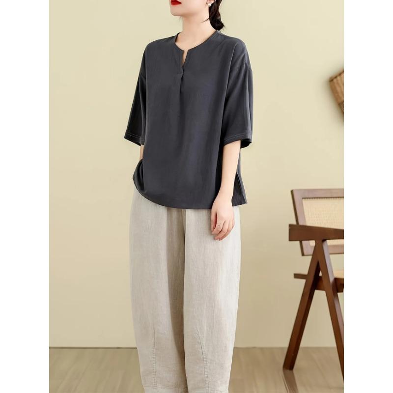 Womens Brown Cotton T Shirt Casual Small V Neck Drop Shoulder Loose Fit Blouse