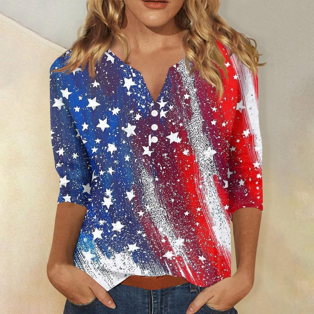 Women's T Shirt Independence Day Print Button 3/4 Sleeve Daily Weekend Fashion Basic V- Neck Regular Top