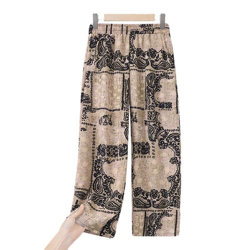 Mom's Summer Floral High-Waist Nine-Point Pants for Middle-Aged and Elderly Women - Elastic, Loose, and Casual Fit.
