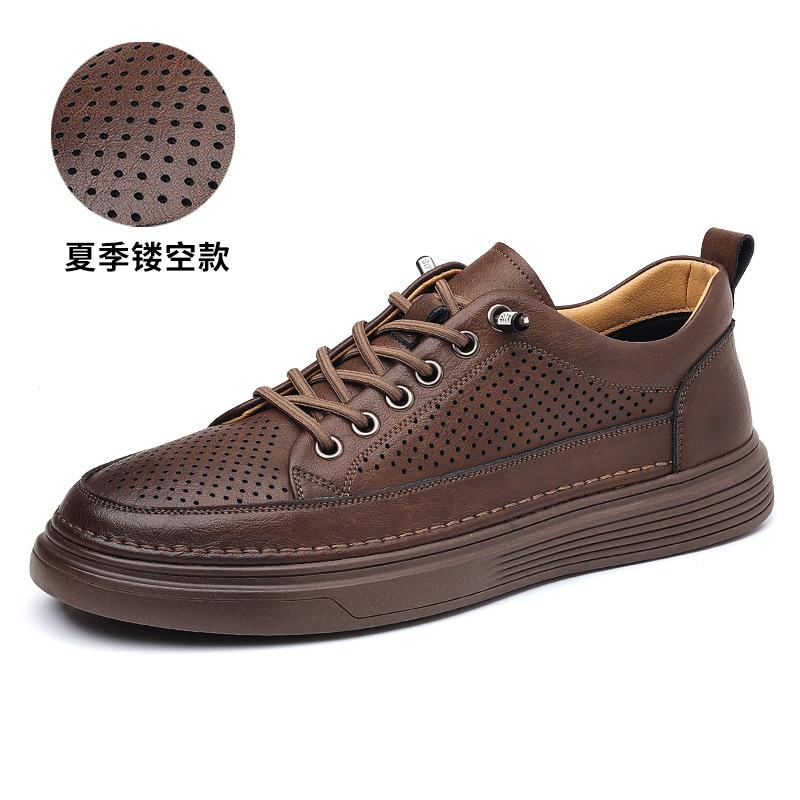 Leather shoes men's 2025 summer hollowed-out casual breathable board shoes, one pedal, lazy footwear men's tide