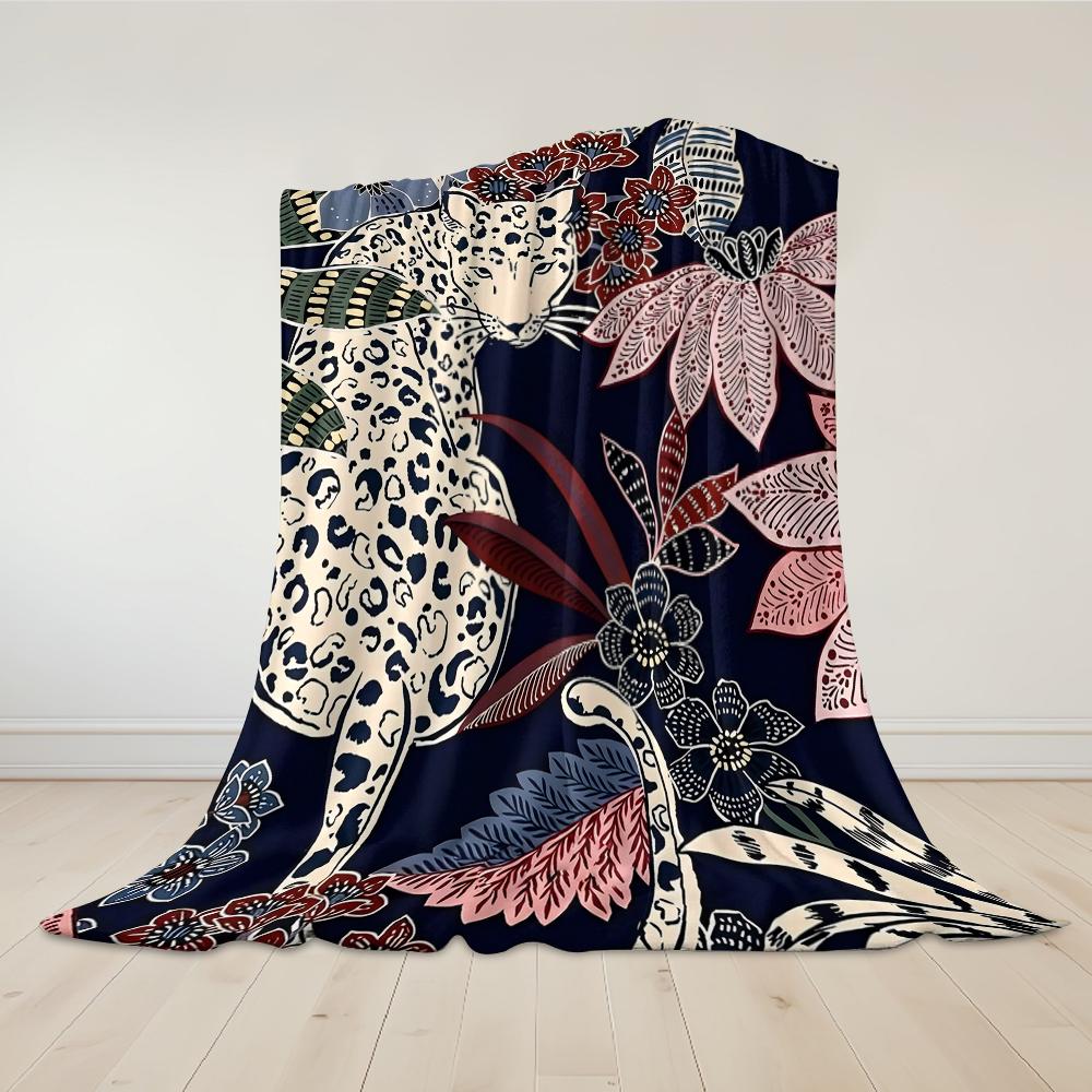 Elegant Leopard & Floral Flannel Blanket Warm Soft Halloween Christmas Couch Warm Cozy Decorative Decor Gift for All Season
