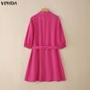 VONDA Women Casual Lapel Neck 3/4 Sleeve Slim Waist Pleated Mini Dress
