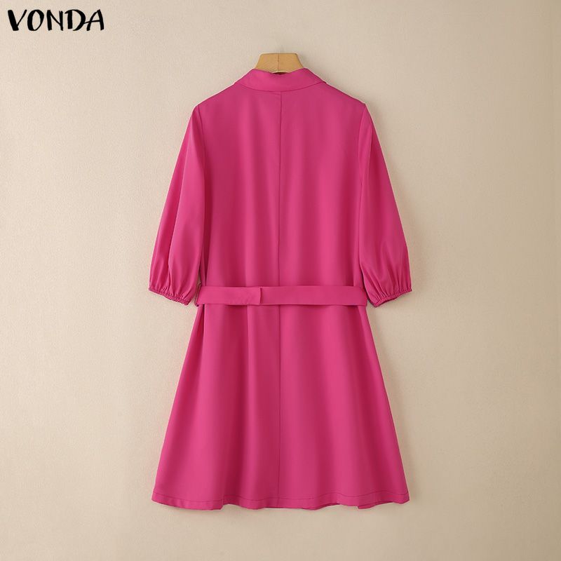 VONDA Women Casual Lapel Neck 3/4 Sleeve Slim Waist Pleated Mini Dress