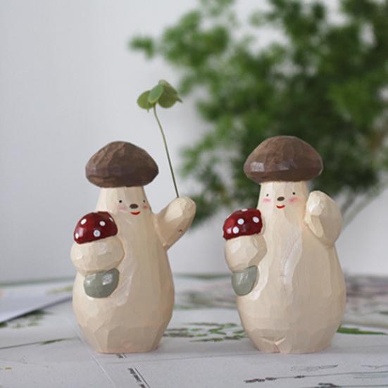Wooden Mushroom Figurine Hand-Carved Mushroom Elf Holding A Balloon Rustic