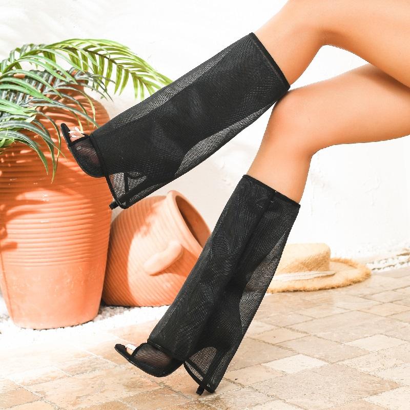 Eilyken Spring Designer Black Peep Toe Knee High Women Boots Sandals Breathable Thin Heels Nightclub Mesh Long Shoes