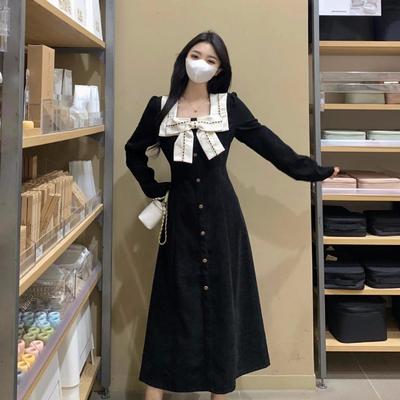 Herbst & Winter Schleife Quadratischer Ausschnitt Langarm A-Linien-Kleid - Koreanischer Japanischer Studentenstil