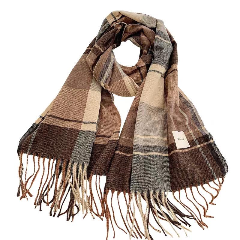 Women's Autumn/Winter Plaid Scarf - High-End Color-Block Tassel Shawl, Thick Imitation Cashmere Neck Warmer.
