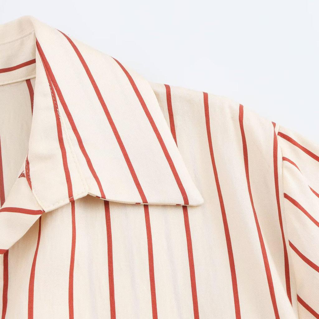 2025 Spring Women's Striped Long-Sleeve Belted Dress with Turn-Down Collar