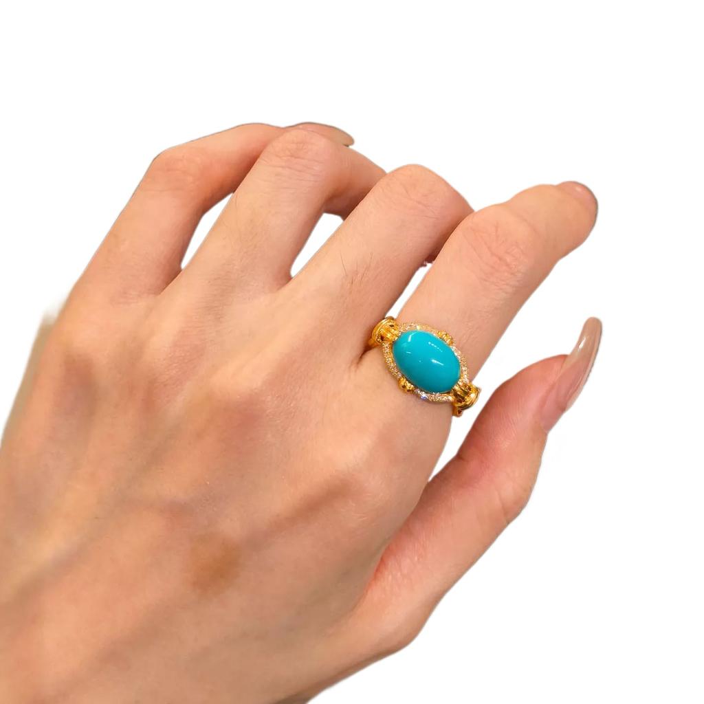 Vintage diamond inlay oval turquoise rings for women layered style blue ring exquisite fashion high-end banquet jewelry gifts
