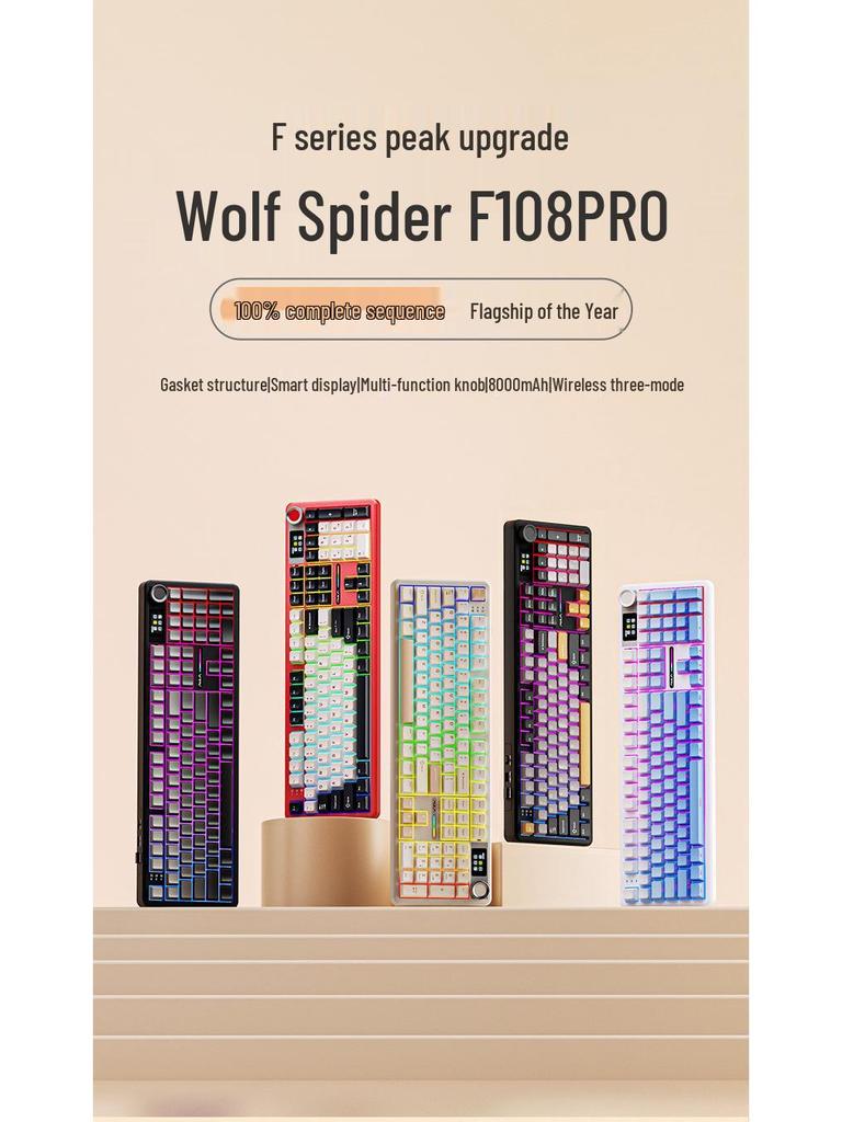 Tarantula F108pro Kabellose Bluetooth-Mechanische Esports-Tastatur mit drei Modi und Anpassungsoptionen: Farbverlauf, Heiß-Swap-fähig, Seitenbedruckt.