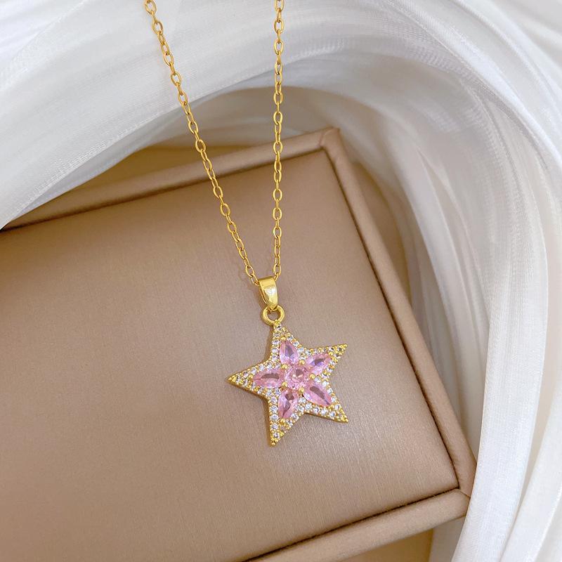 Titanium Steel, Pink Pentagram Light Luxury Temperament Gorgeous Full Diamond Necklace Female Versatile Collarbone Chain Titanium Steel Chain