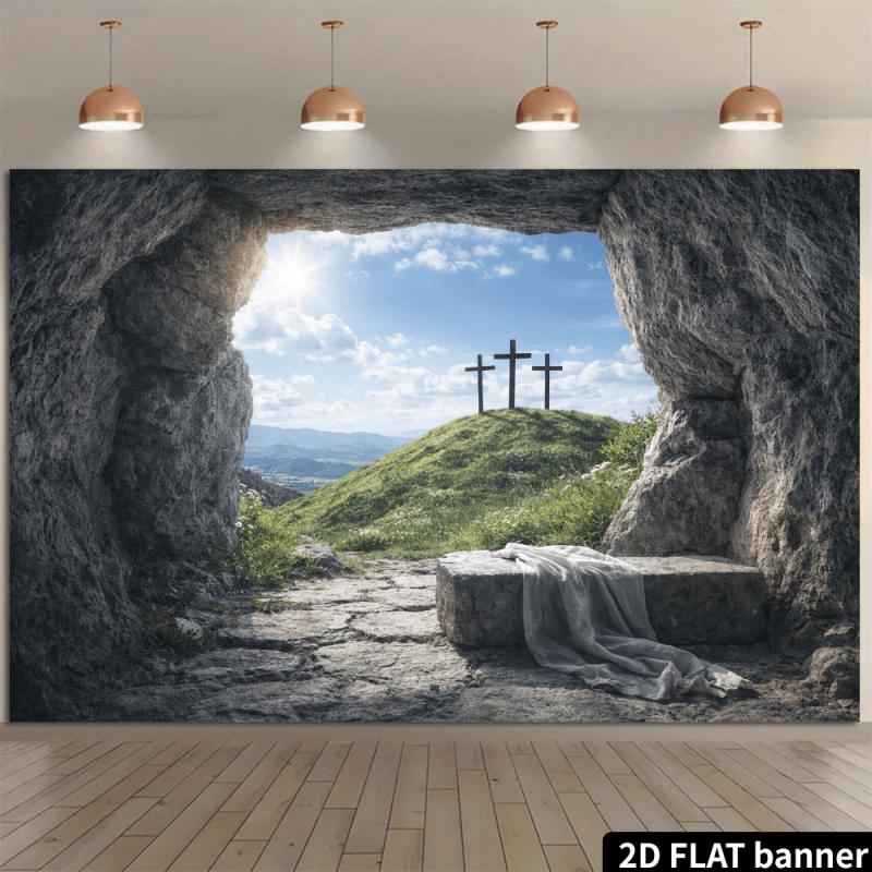 Empty Tomb Three Crosses Easter Tapestry Christian Resurrection Scene Church Decor Faith Based Wall Art Hope RedemptionSymbolism