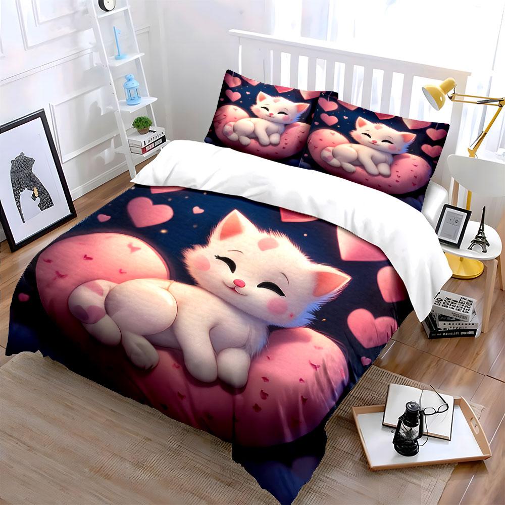 Adorable Cat-Themed Trio Gift Set Kid'S And Adults' Bedroom Decor, Exquisite Three-Piece Bedding Set Gift