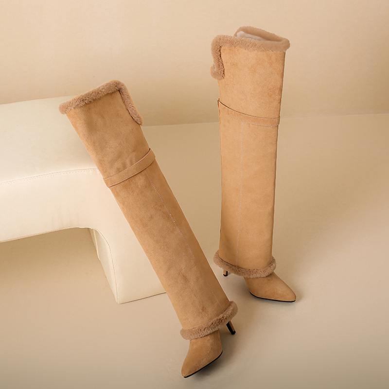 Krazing Pot Flock Pointed Toe Thin High Heels Size 46 Size 45 Winter Slip on Plus Size Women Keep Warm Over-the-knee Boots