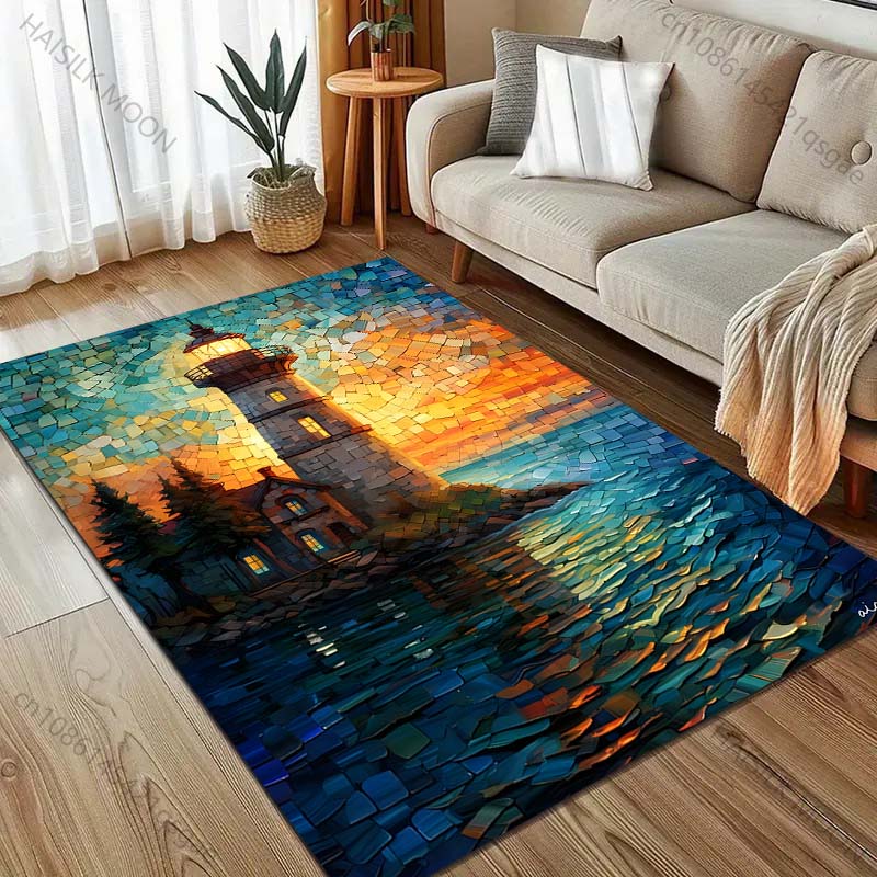 

Seaside Lighthouse Stained Glass Window Print Carpet for Bedroom Living Room Bedside Sofa Floor Mat Modern Home Decor Area Rug 40x60cm (16x24in)