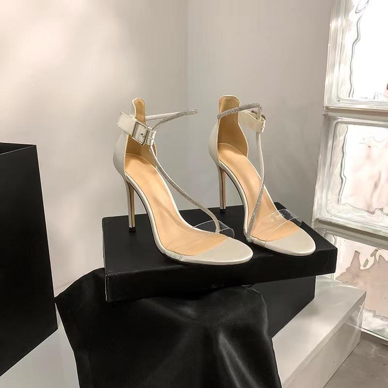 Fashion 2024 New Women's Sandals One-row Transparent Pure Desire Sexy  Niche Fashion Elegant High Heels Fine Heels Rubber Upper