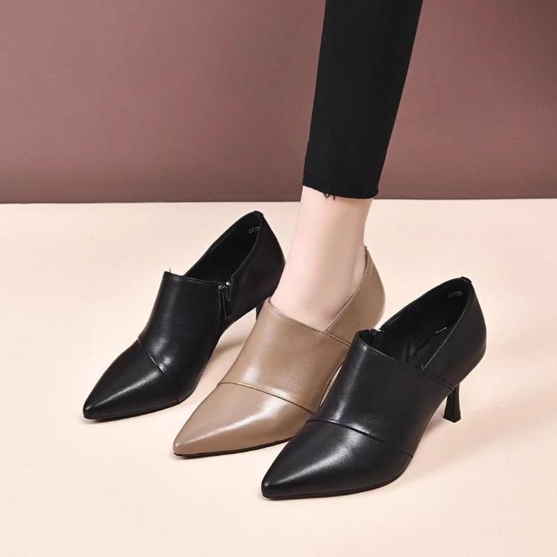 2025 Spring New Pointed Toe Deep Mouth Soft Leather Soft Sole Versatile Non-slip Work Single Shoes High Heels