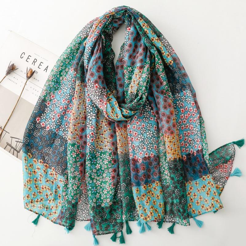 Japanese-Style Cotton & Linen Bohemian Scarf - Cashew Print and Silk Blend, Retro Artistic Design, Sunscreen Towel