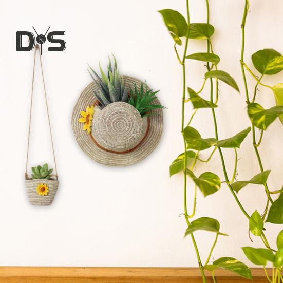 Farmhouse Boho Wall Planter Straw Hat Shoulder Bag Flower Pot Resin Bonsai Plant Pot for Indoor Outdoor Balcony Garden Decor Succulents Dried Flowers