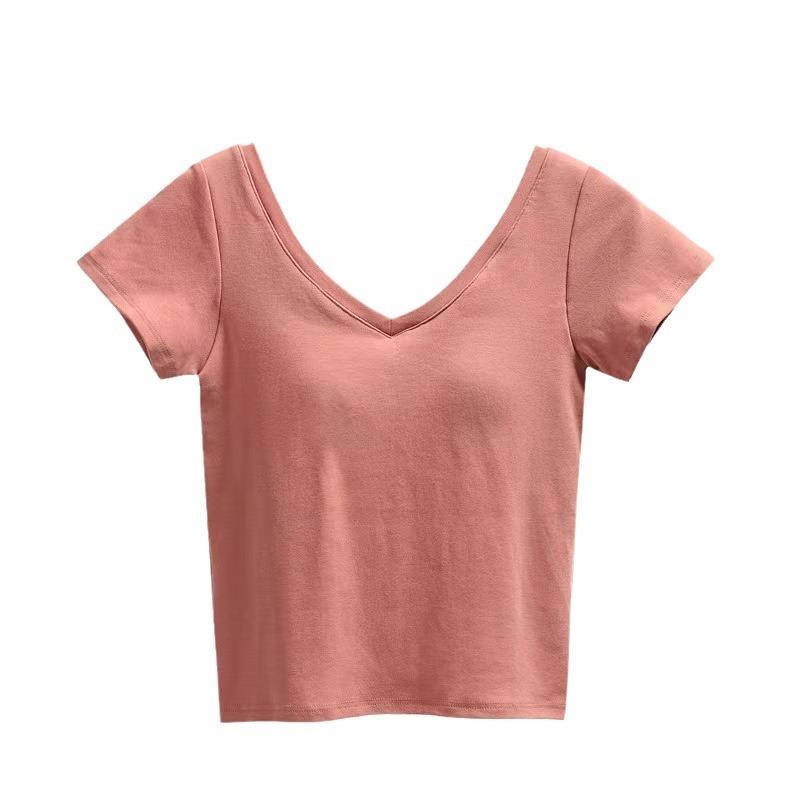 Short-sleeved Vest Women's V-neck No Bra Chest Cushion Base Layer Backless Top