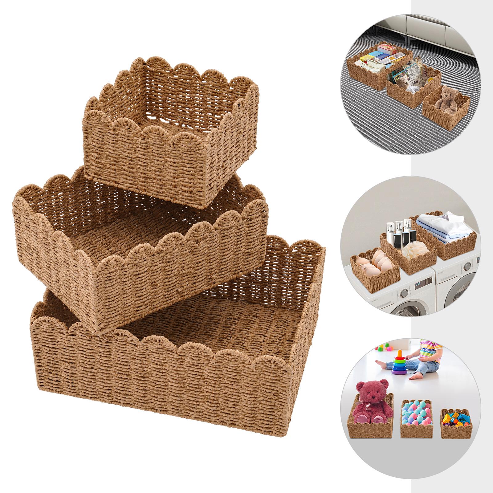 

3PCS Paper Rope Storage Baskets,Brown Large 44*35*17cm/Medium 36*27*15cm/Small 24*24*14cm Rectangle Edge Basket for Living Room коричневый