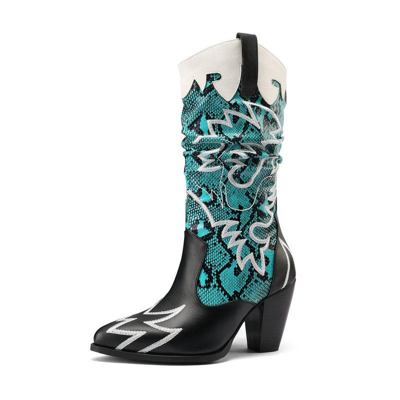 Fashion Cowboy Western Boots Women's Embroidery Mid Calf Boots Patchwork Snakeskin Mixed Colours Heels Shoes