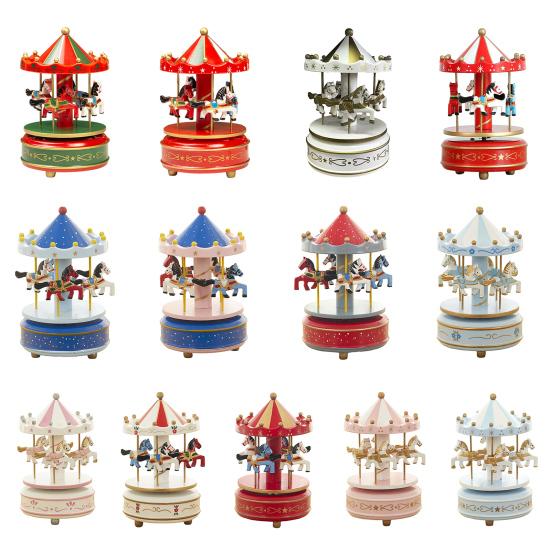 Miniature Horse Carousel Wooden Music Box with Rotating Merry-Go-Round Horses, Wind-Up Musical Figurine Nursery Decor for Baby Room Home Decor,