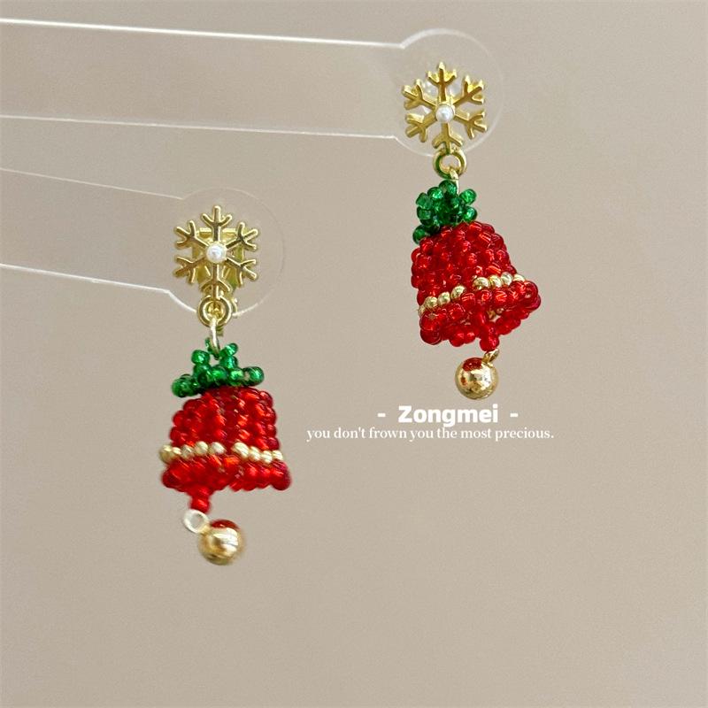 3D Christmas Tree Earrings with Red Bow - Heavy Beaded Crystal Ear Clips, Hand-Woven Holiday Accessories