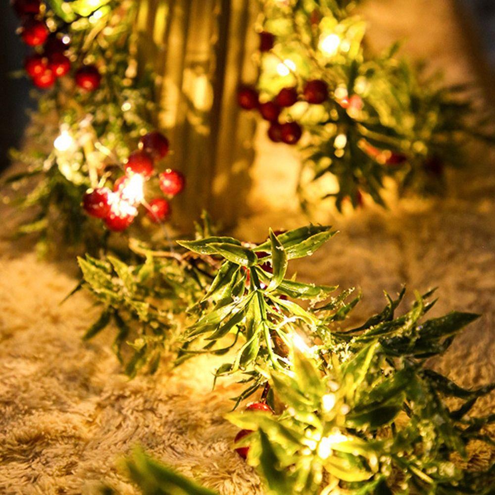 Red Berry Christmas Red Berry Light String Battery Powered Snowflakes LED Green Leaf String Lights Simulation Plants DIY