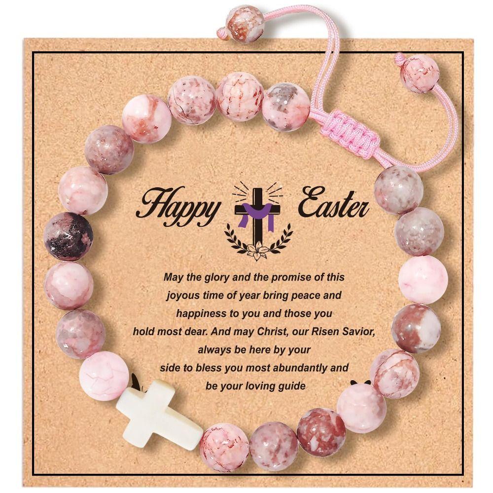 Fashion Adjustable Pearl Beaded Bracelets with Bless Card Handmade Cross Stone Bracelet Birthday Gifts Christian Bracelet For