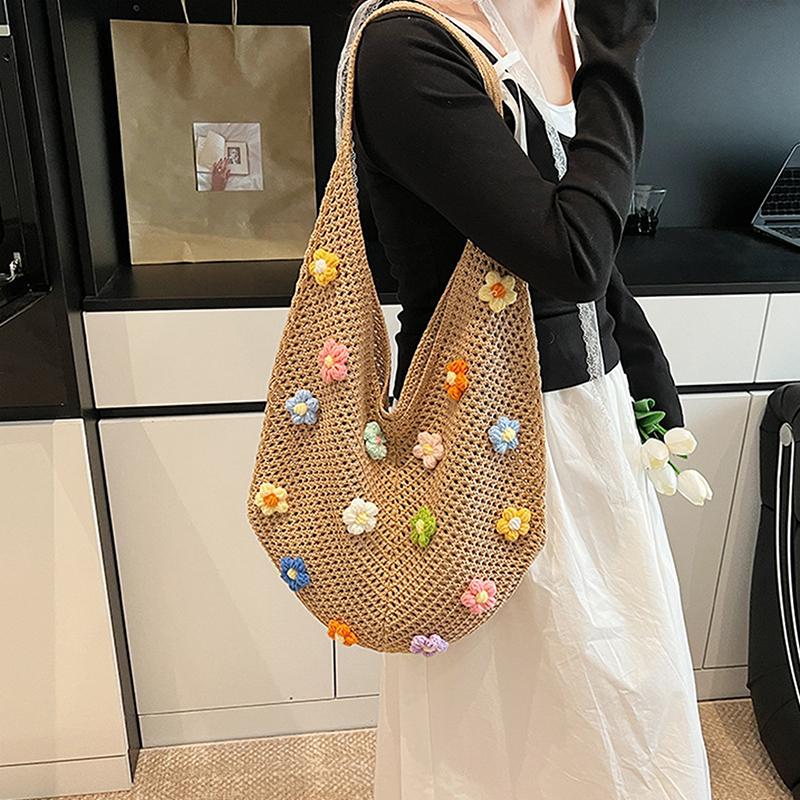 Women Flower Knitted Shoulder Bag  Handbag Lightweight Crochet Tote Bag Casual Top Handle Bag Outdoor Travel Bag