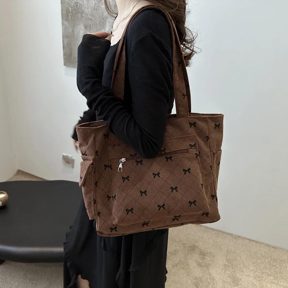 Bow Pattern Commuting Shoulder Bag Corduroy Handbag Large Capacity Women Tote Bag Multi-pockets Eco-friendly Shopping Bags