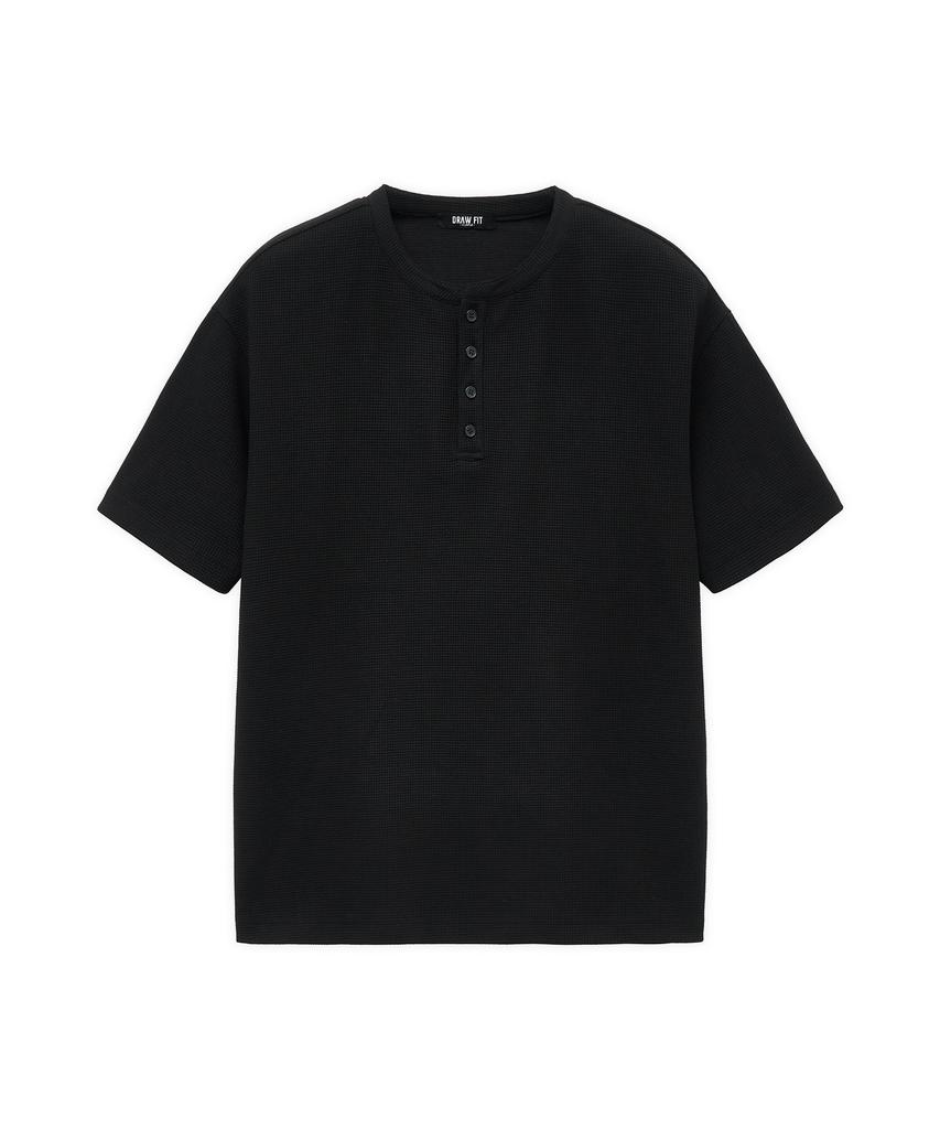 DRAW FIT Waffle Henley Neck Half T-Shirt [Black]