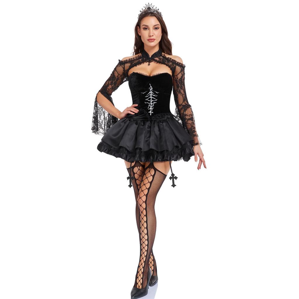 S-L Gothic Lace Dark Gothic Hell Widow Plays Cos Costume Halloween Dress Costume