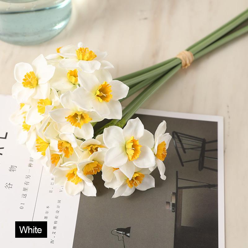6Pcs/bunch White Artificial Narcissus Flower Bouquet Home Garden Desktop Decoration Floral Party Wedding Bridal Fake Flowers