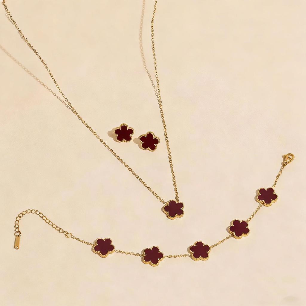 Stylish Lucky Four-Leaf Clover Jewelry Set: Titanium Steel 18K Chain Necklace, Bracelet, Earrings