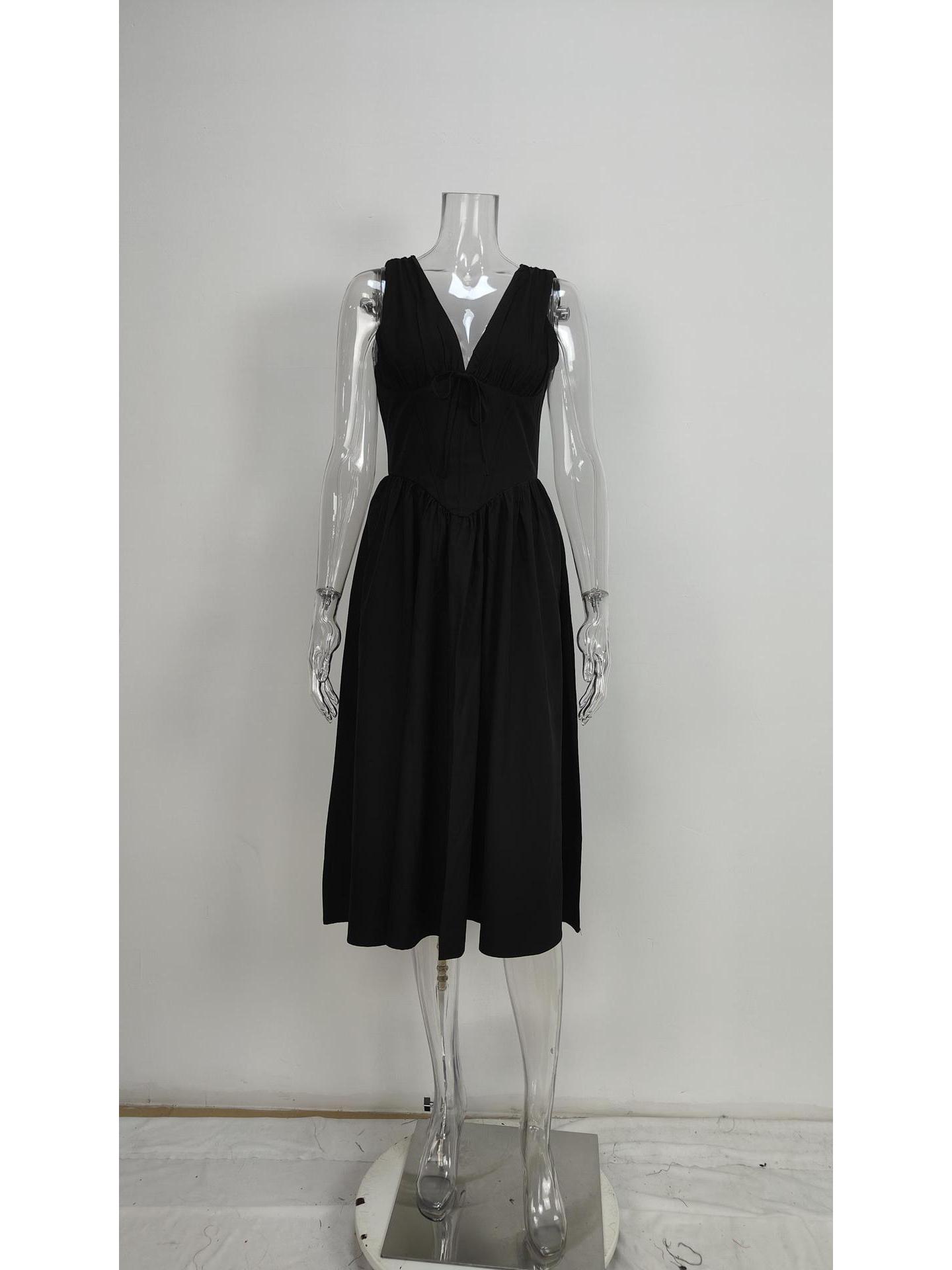 Spring 2026 European & American Women s V-Neck Pleated Dress with Elegant Print Extra Large чёрный