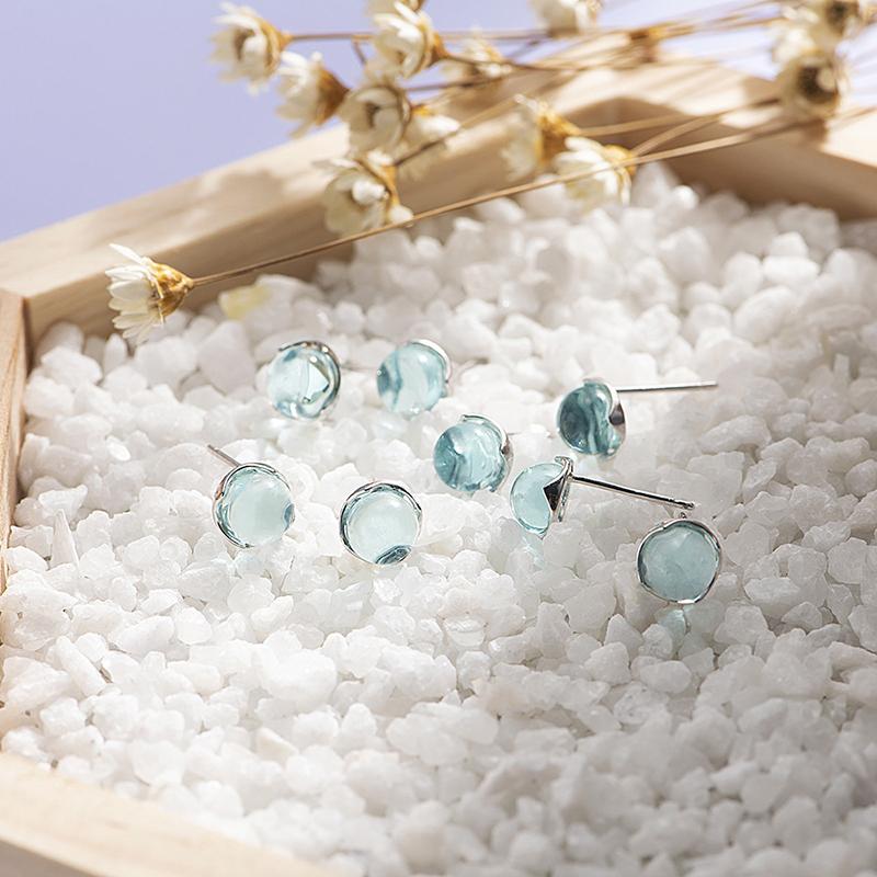 Ventfille 100% 925 Sterling Silver Stud Earring for Women Girl Gift Mermaid Tears Japanese Korean Blue Foam Crystal Wholesae